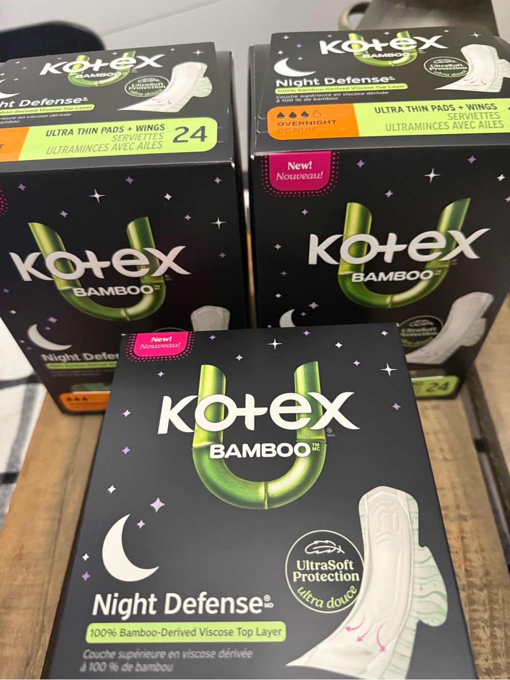 3- U by Kotex Bamboo Night Defense Pads wings- 24 count each box